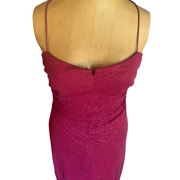 VTG 90s Y2K City Triangles Fusha Midi Rauched Sparkle Dress L Fairy High Low - Picture 3 of 16